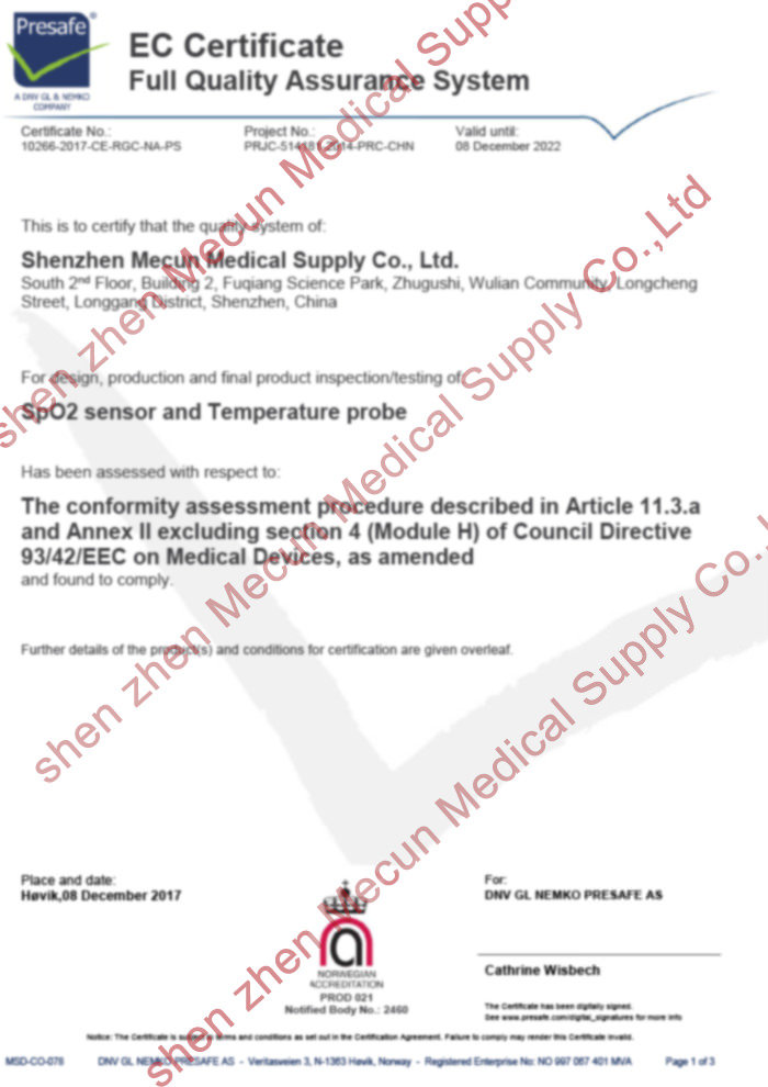 CE certificate of SpO2 Sensor and Tempreture probe 01